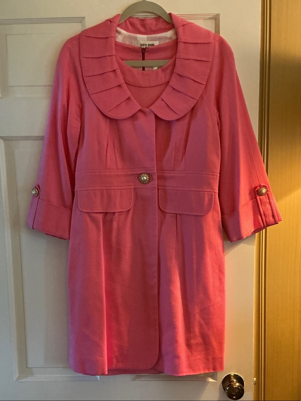 Skirtin Around pink pique suit.